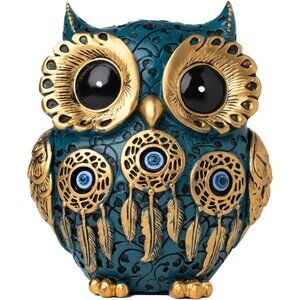 Decorative Owl Figurine Vintage Blue and Gold Owl Statue Home Décor (Blue)